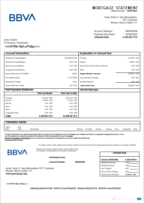 Download Venezuela BBVA bank mortgage statement in Word and PDF formats Photoshop template